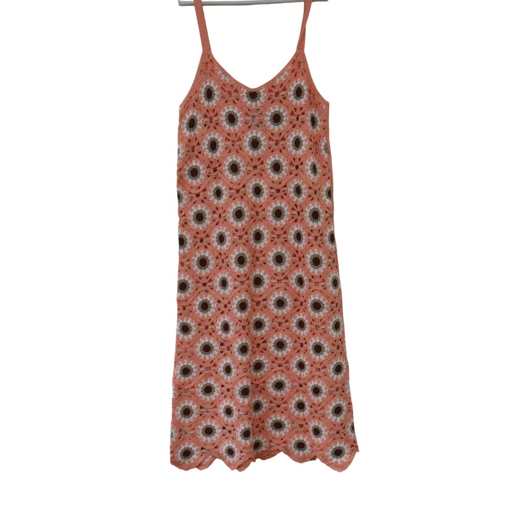 India Boutique Coral Pink Crochet Sunflower Women Square Maxi Dress NWT Boho OS